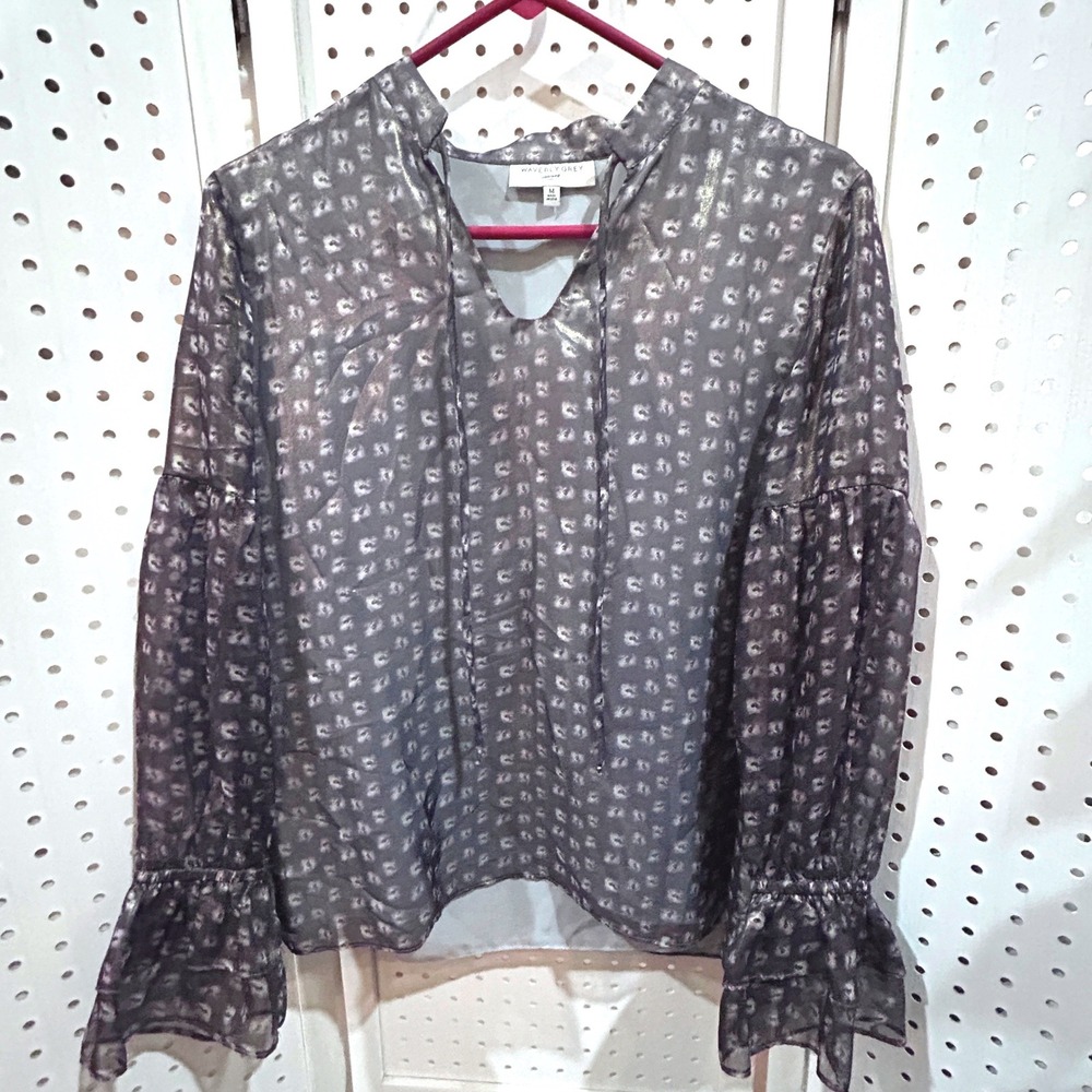 Waverly Grey Sheer Floral Print Tie‎ Neck Blouse Women's Size Medium